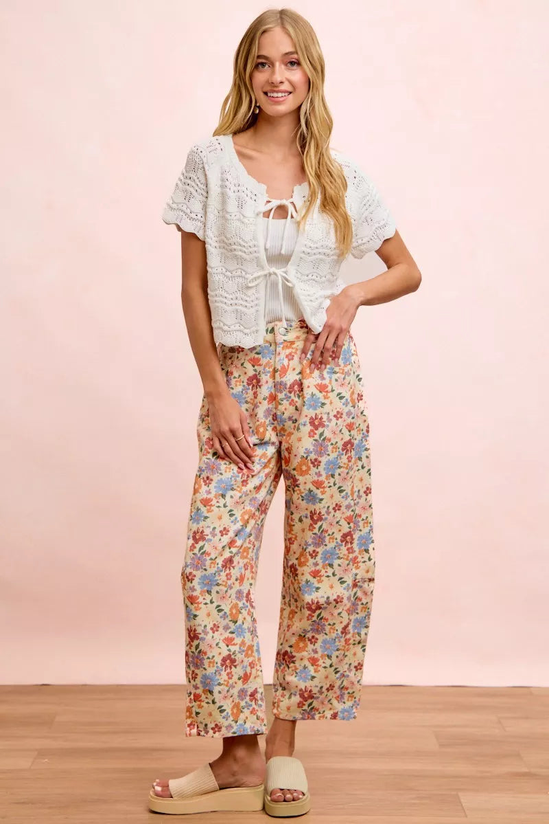BiBi Washed Floral Printed Twill Barrel Pants Trendsi