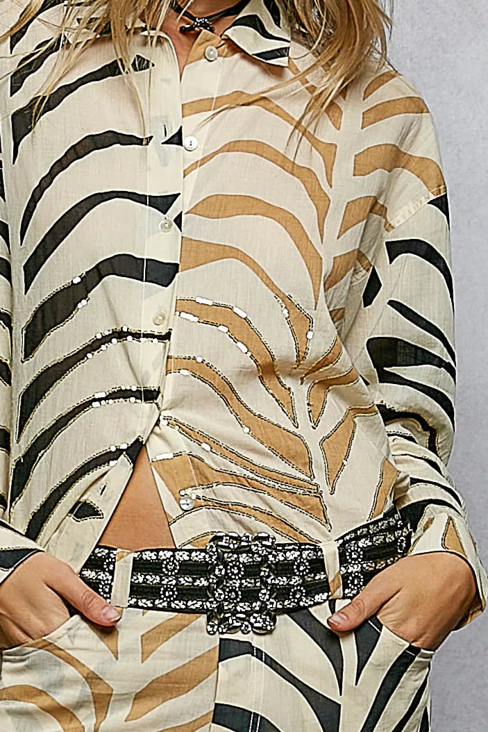 POL Two-Tone Printed Woven Spangle Long Sleeve Shirt 