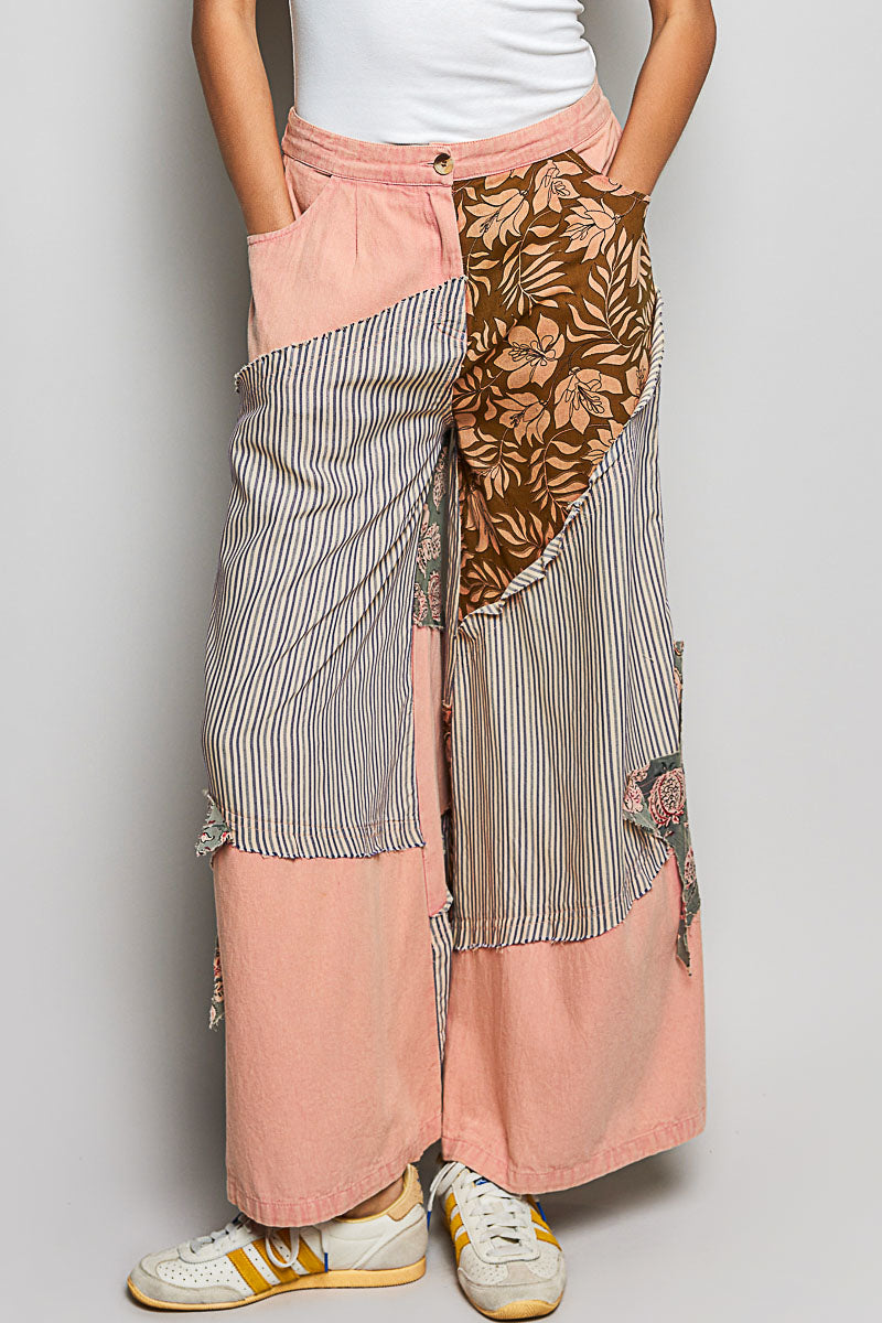 POL Striped Floral Patchwork Wide leg Pants with Side Big Star Patch Trendsi