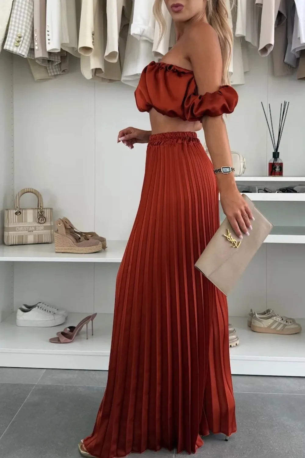 Off-Shoulder Top and Pleated Pants Set Luckygirlsclothingcompany.com
