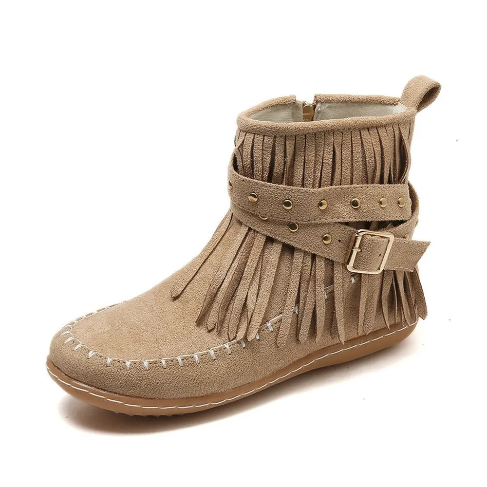Fringe Studded Suede Flat Boots 