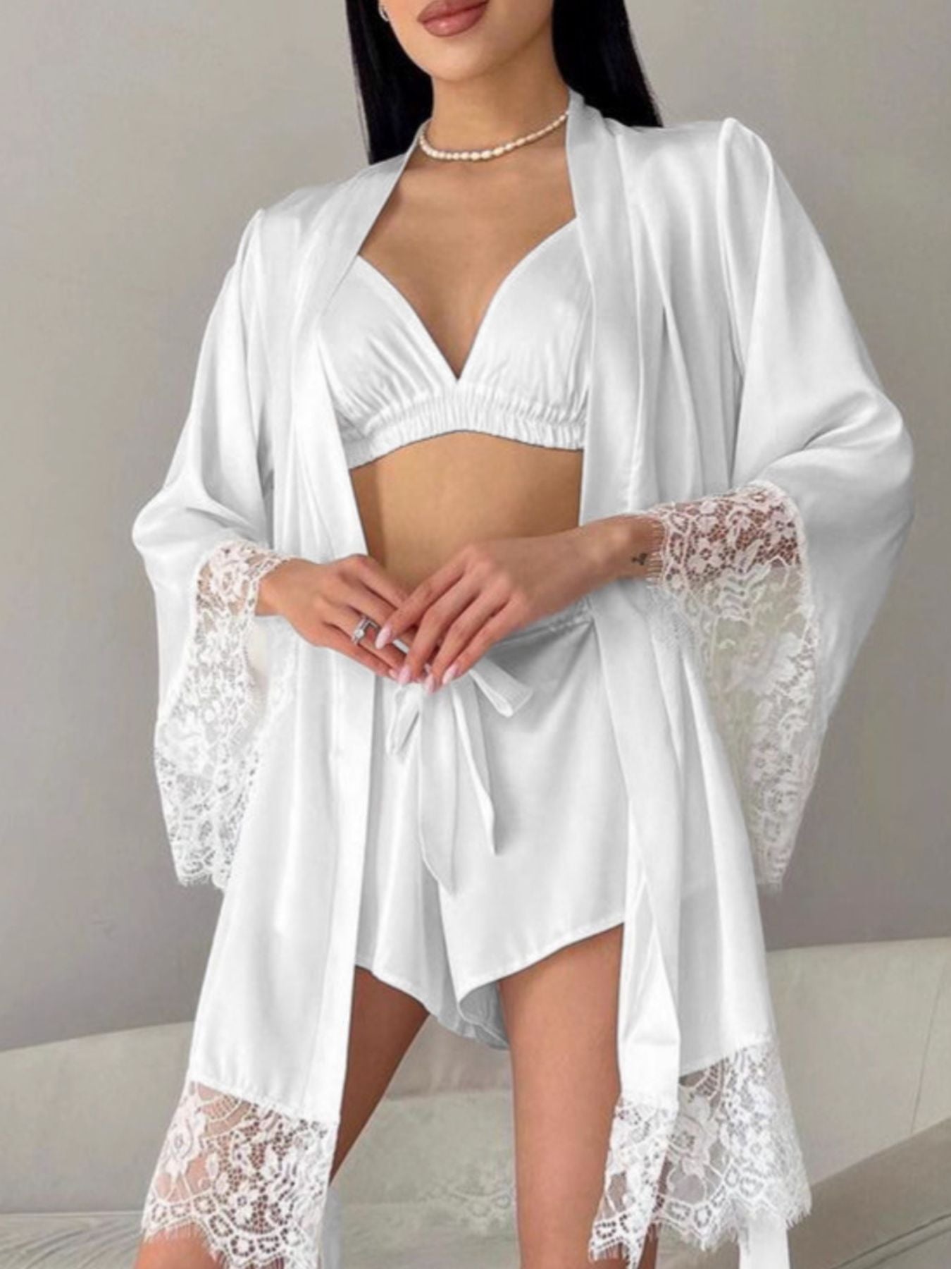 Cami & Lace Trim Cardigan & Shorts Lounge Set Trendsi