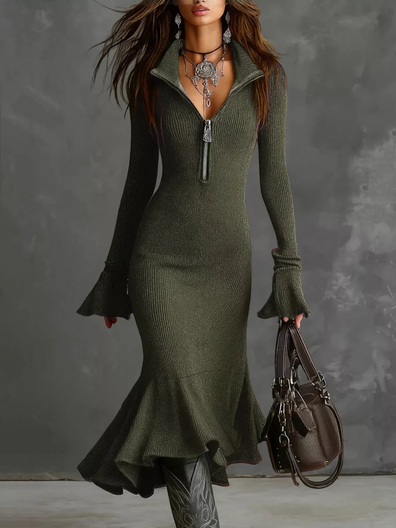 Ribbed Knit Zip Front Flare Hem Midi Dress 