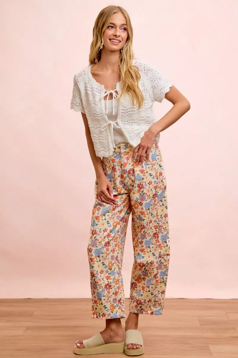 BiBi Washed Floral Printed Twill Barrel Pants Trendsi