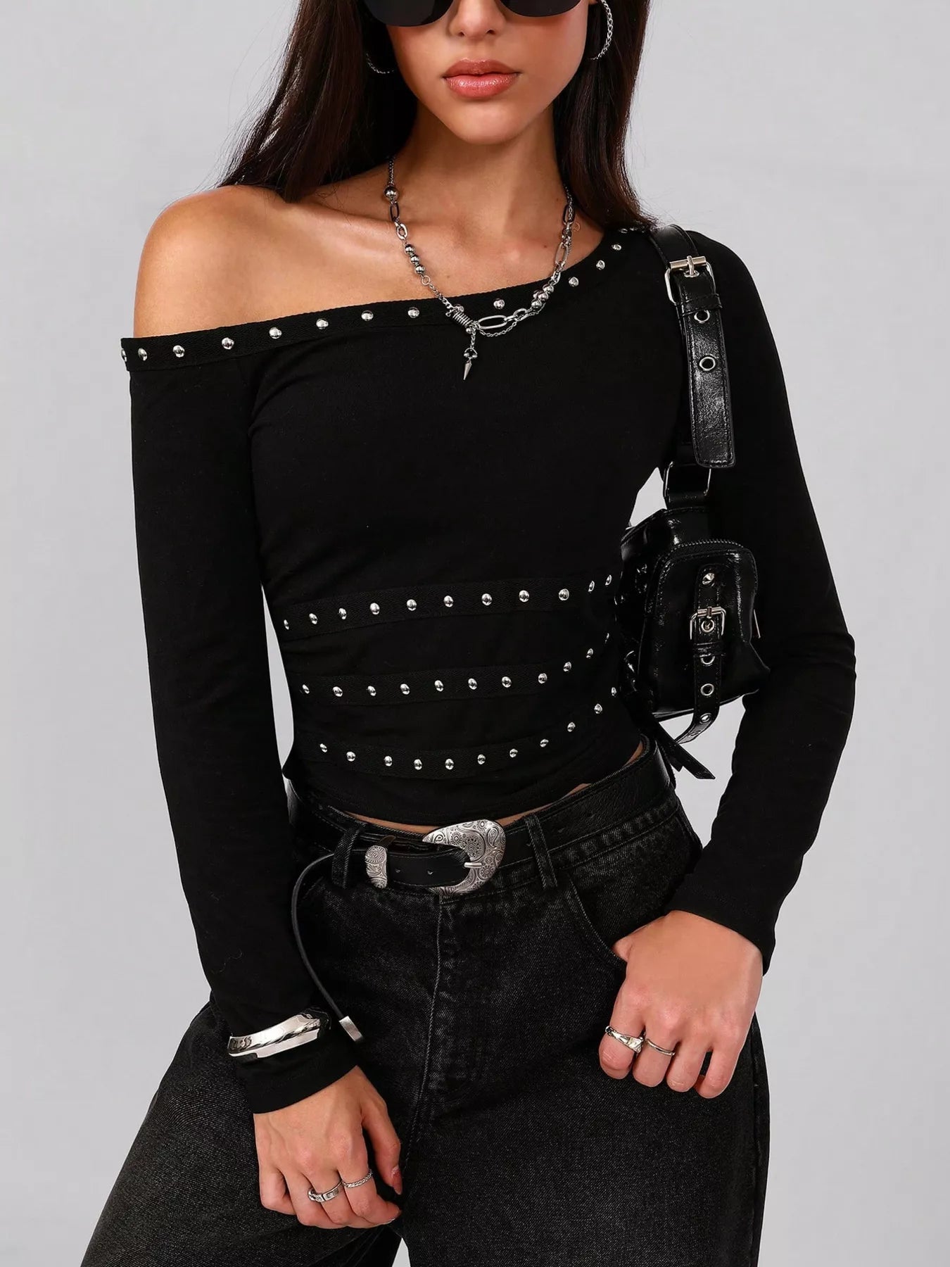 Studded One Shoulder Long Sleeve T-Shirt Trendsi