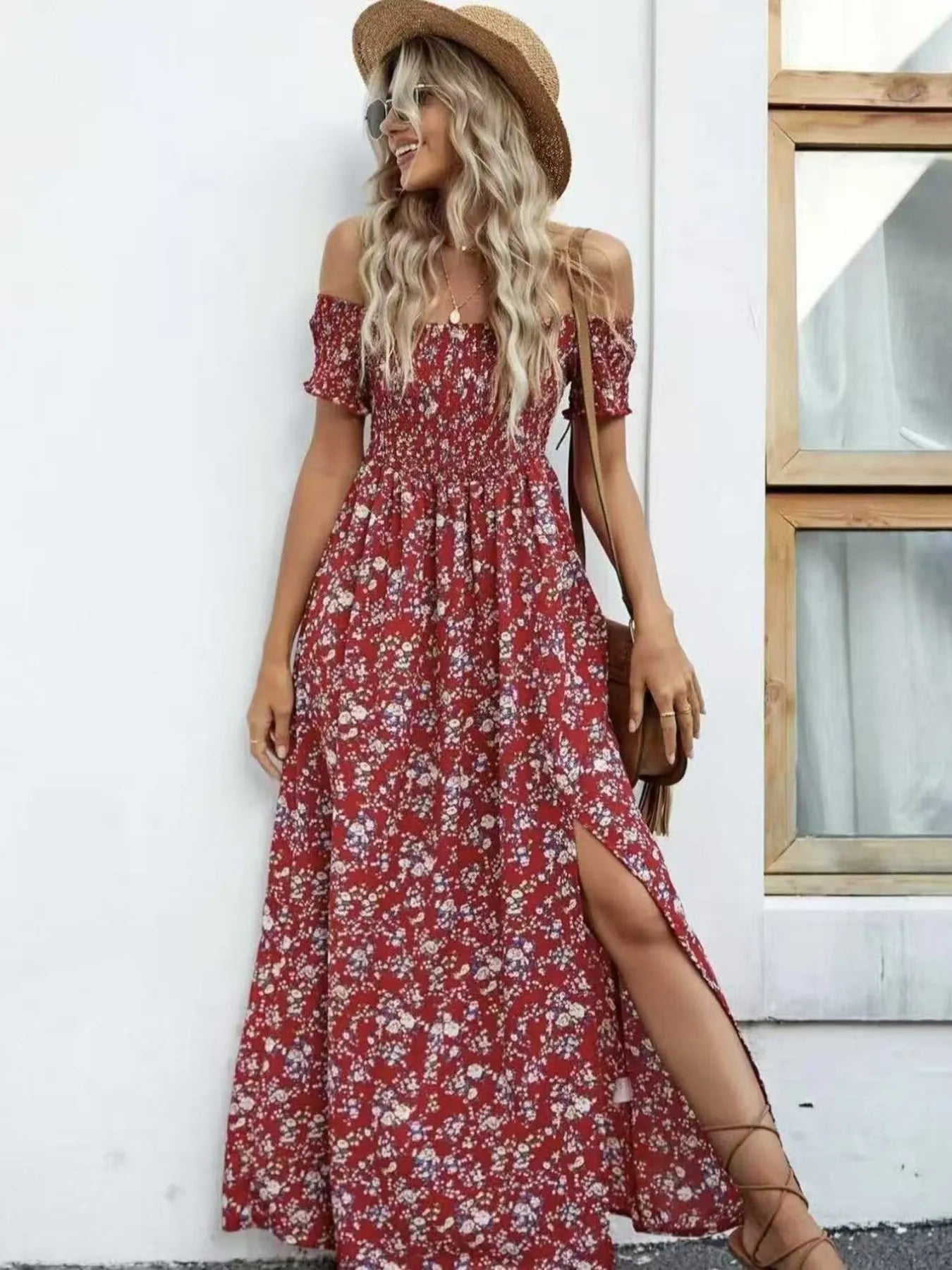 Full Size Slit Off-Shoulder Floral Midi Dress Plus Size Trendsi