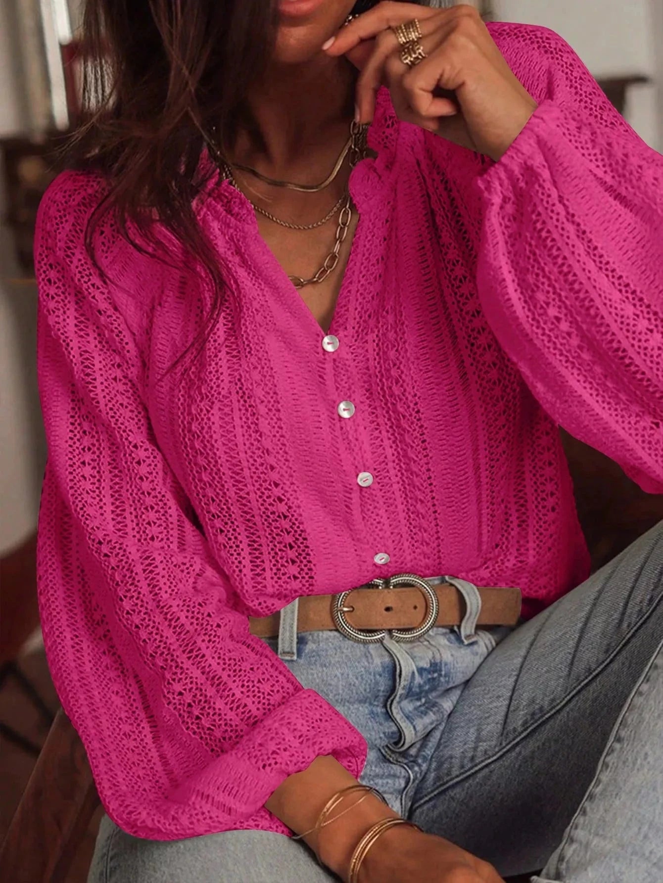 Lace Notched Long Sleeve Shirt 