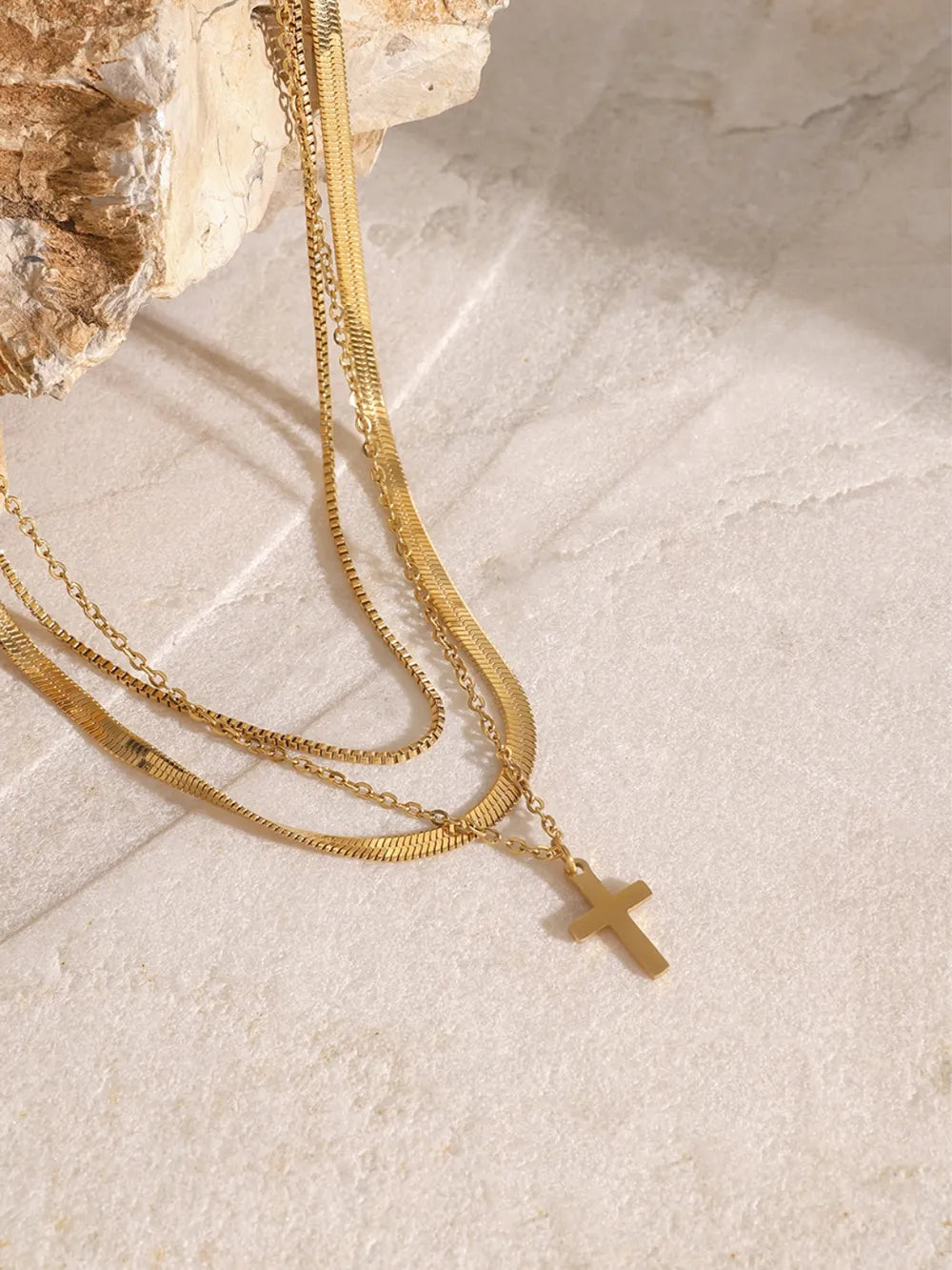 18K Gold-Plated Three-Layered Cross Necklace Trendsi