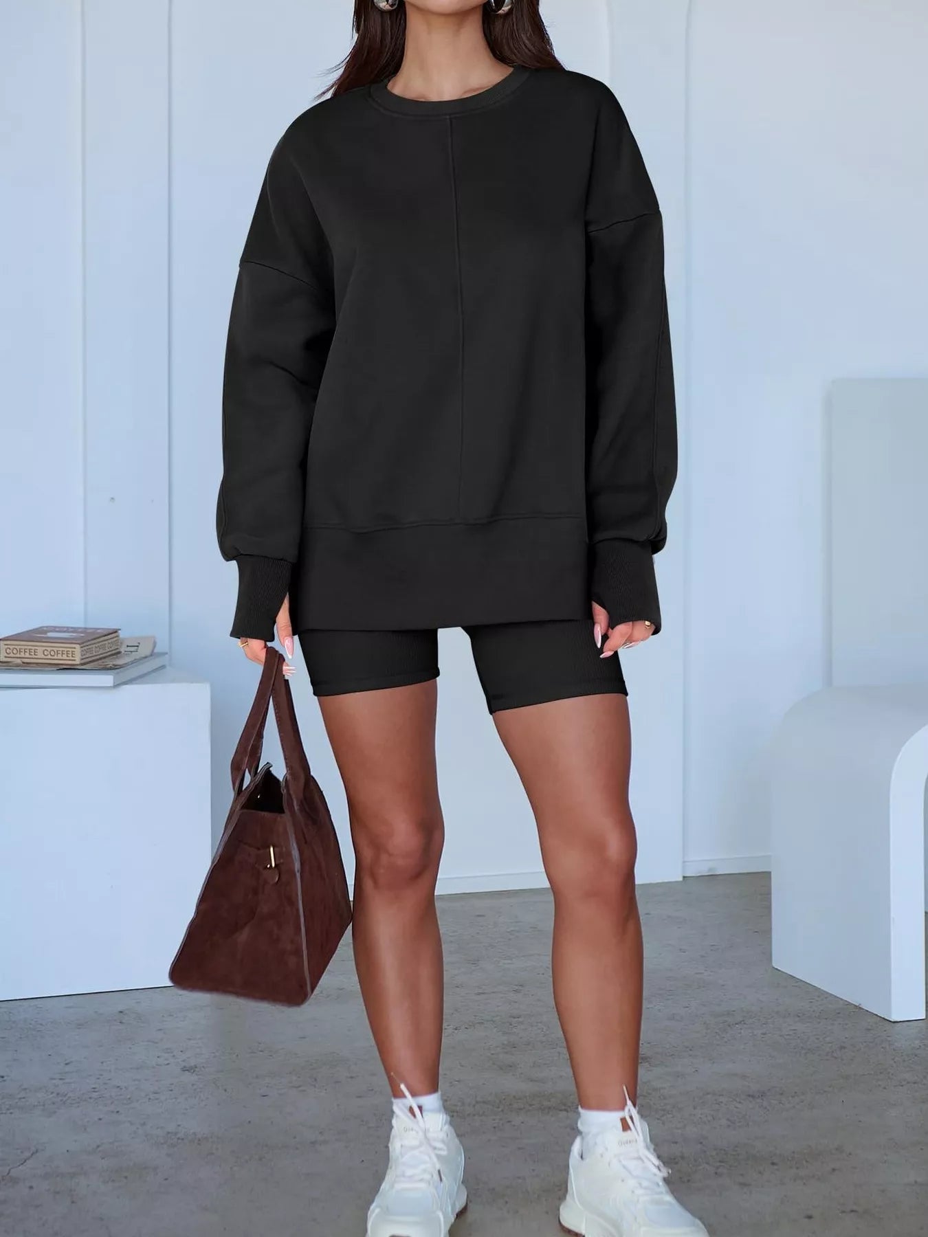 Side Slit Round Neck Long Sleeve Sweatshirt 