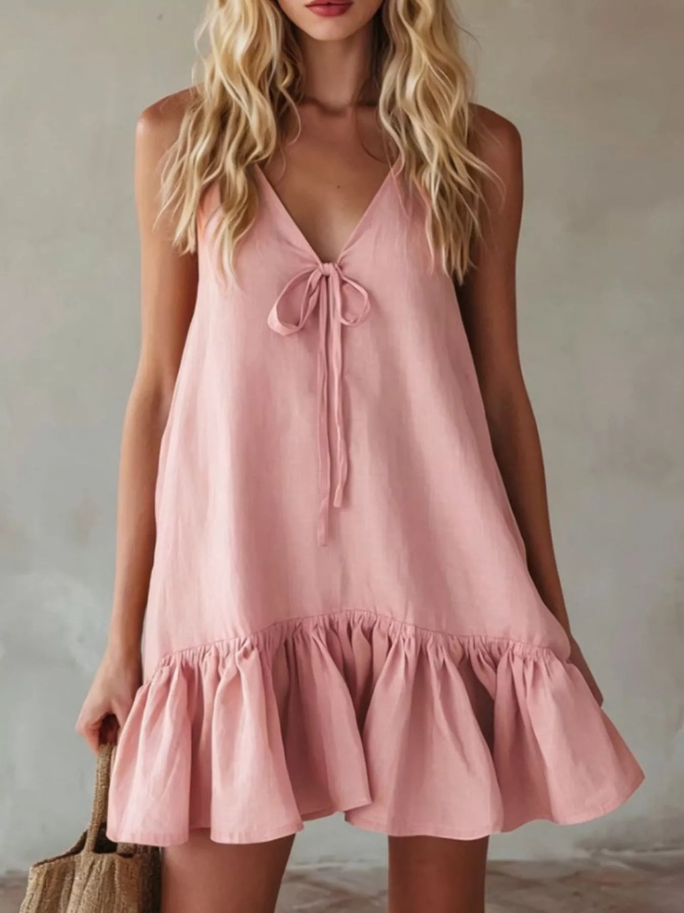 V-Neck Tie Front Ruffle Hem Mini Dress Luckygirlsclothingcompany.com