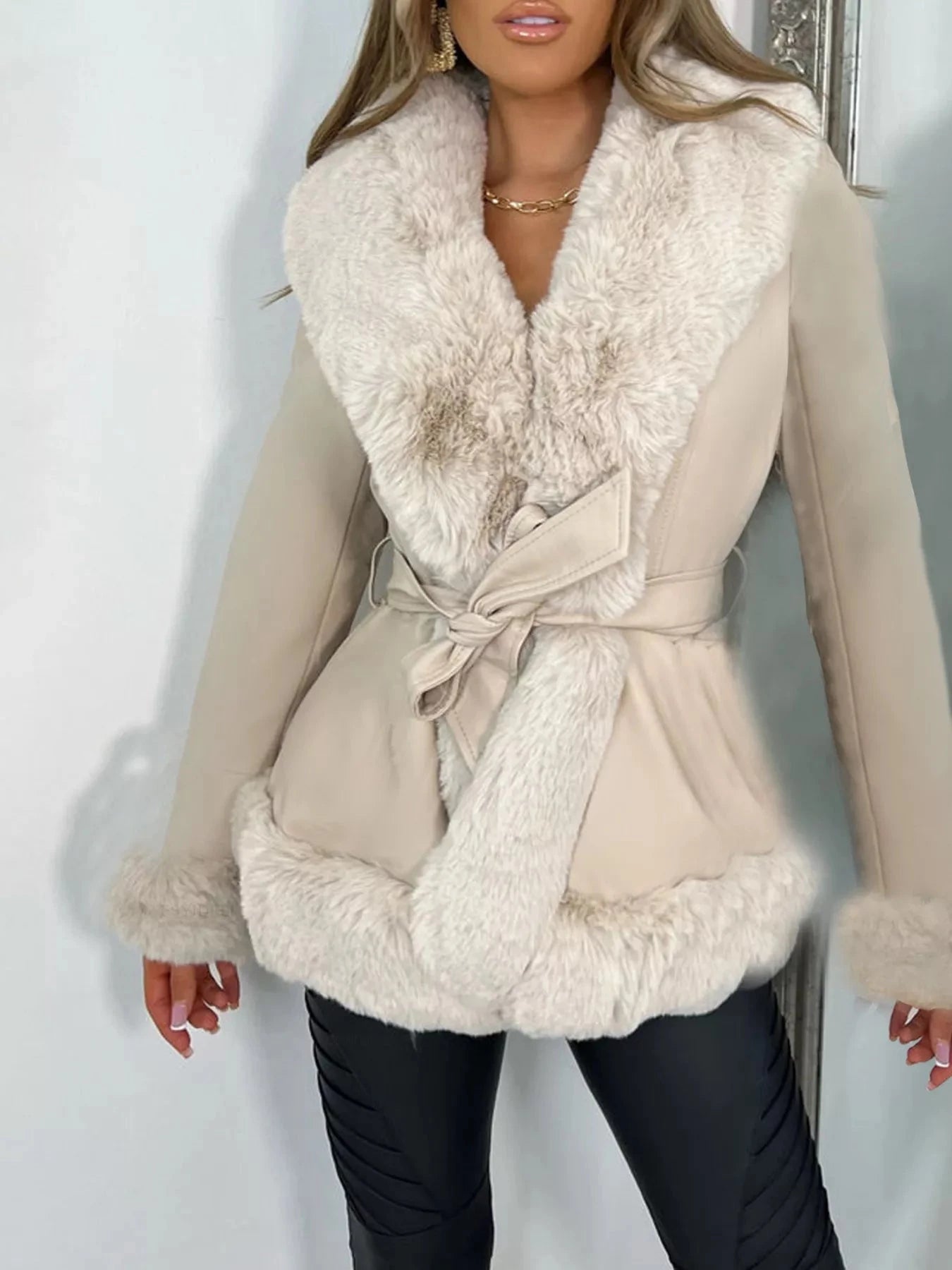 Faux Fur Trimmed Belted Outerwear 