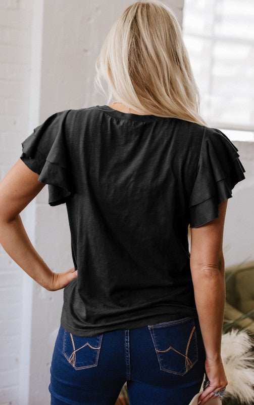 Solid Layered Ruffle Short Sleeve Round Neck Top JUNIPER BLVD