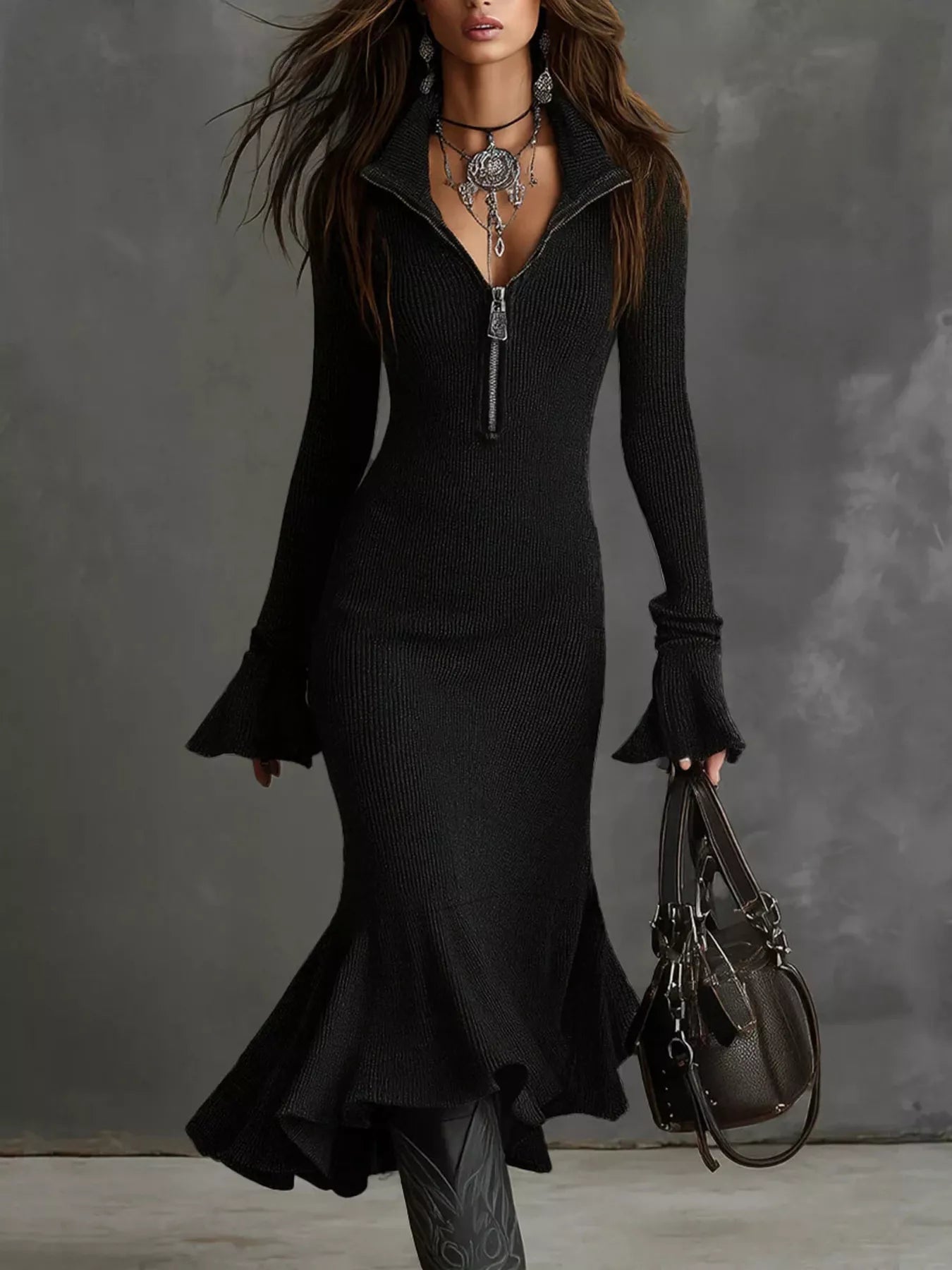 Ribbed Knit Zip Front Flare Hem Midi Dress 