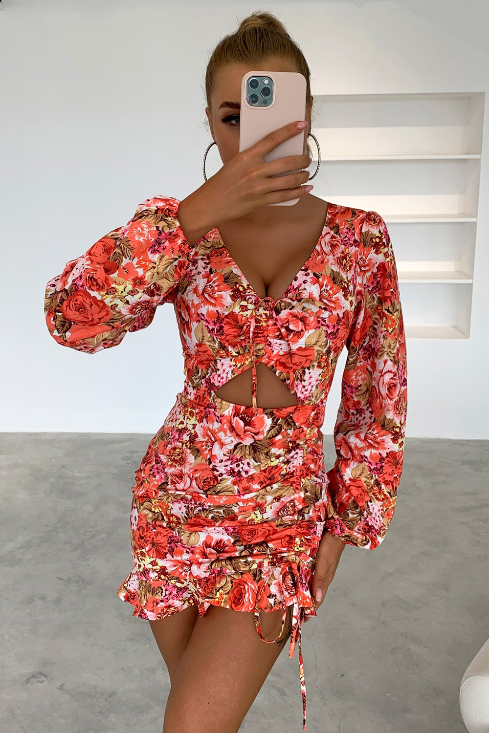 Floral Cutout Long Sleeve Mini Dress Trendsi