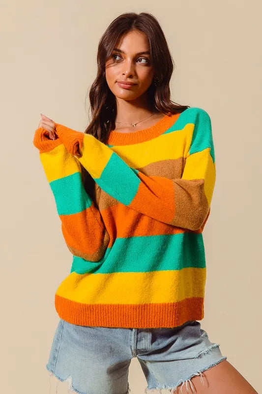 SO ME Multi Color Stripe Sweater with Ribbed Detail 