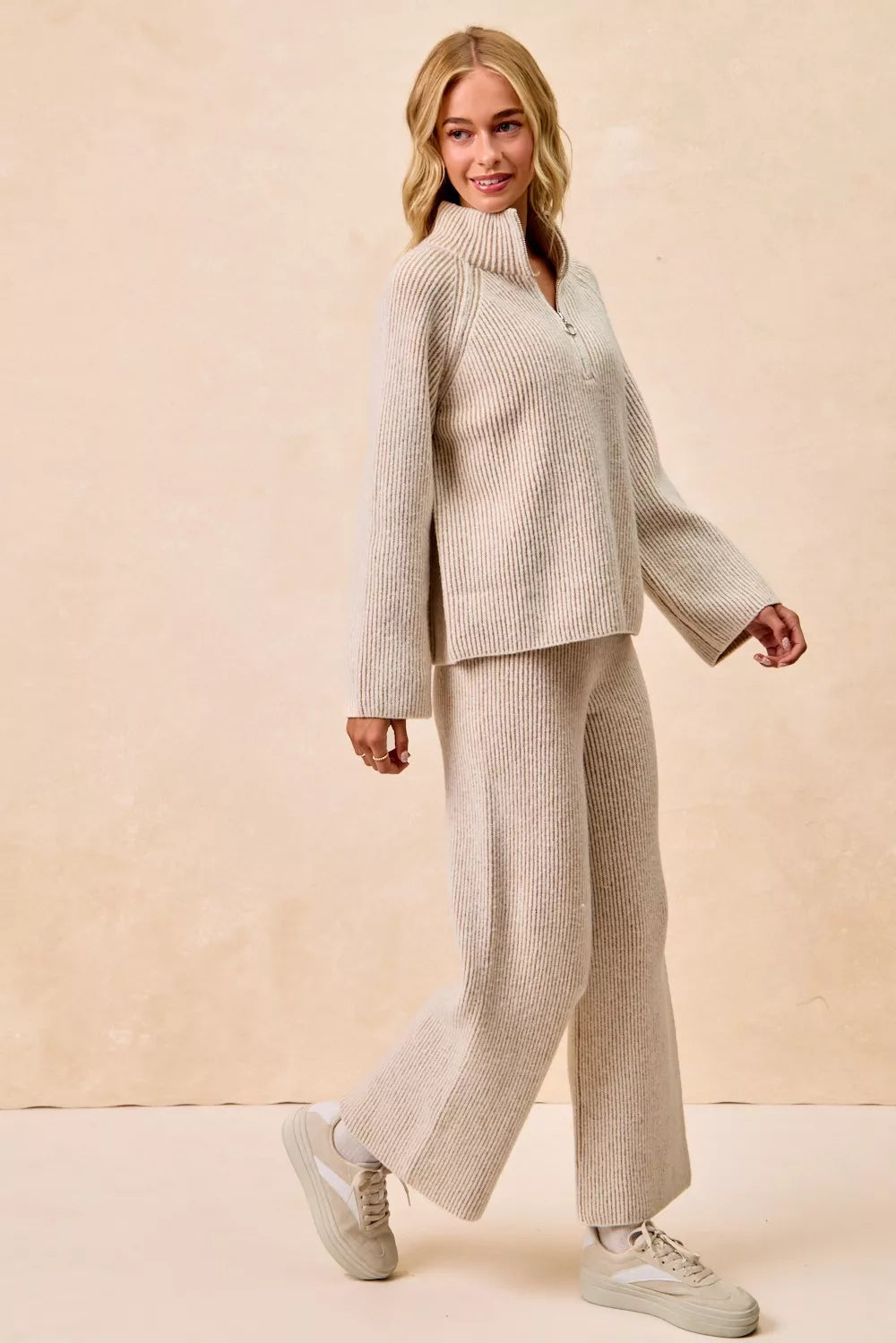 BiBi Two Tone Rib Texured Knit Collared Top with Zip Up Trendsi
