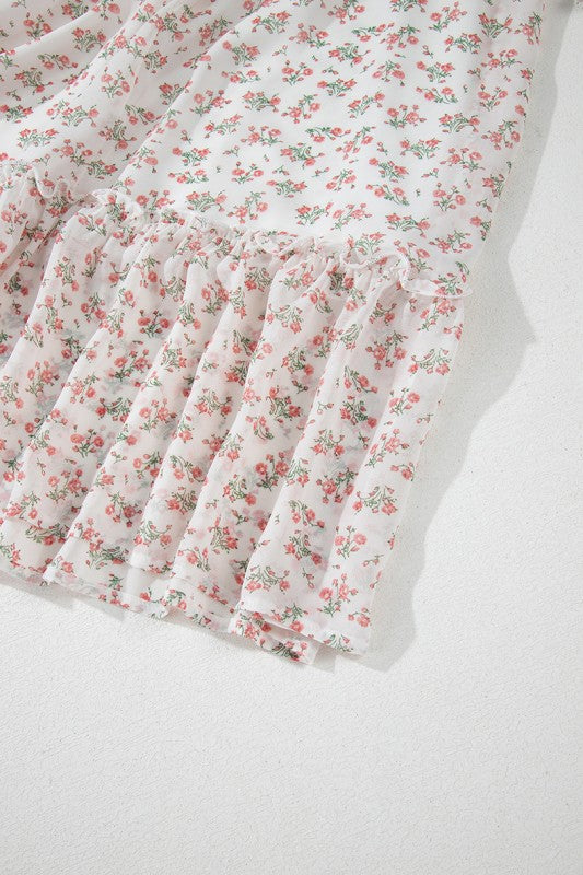 Floral  Shirred Ruffled Hem Square Neck Midi Dress YNIQUE