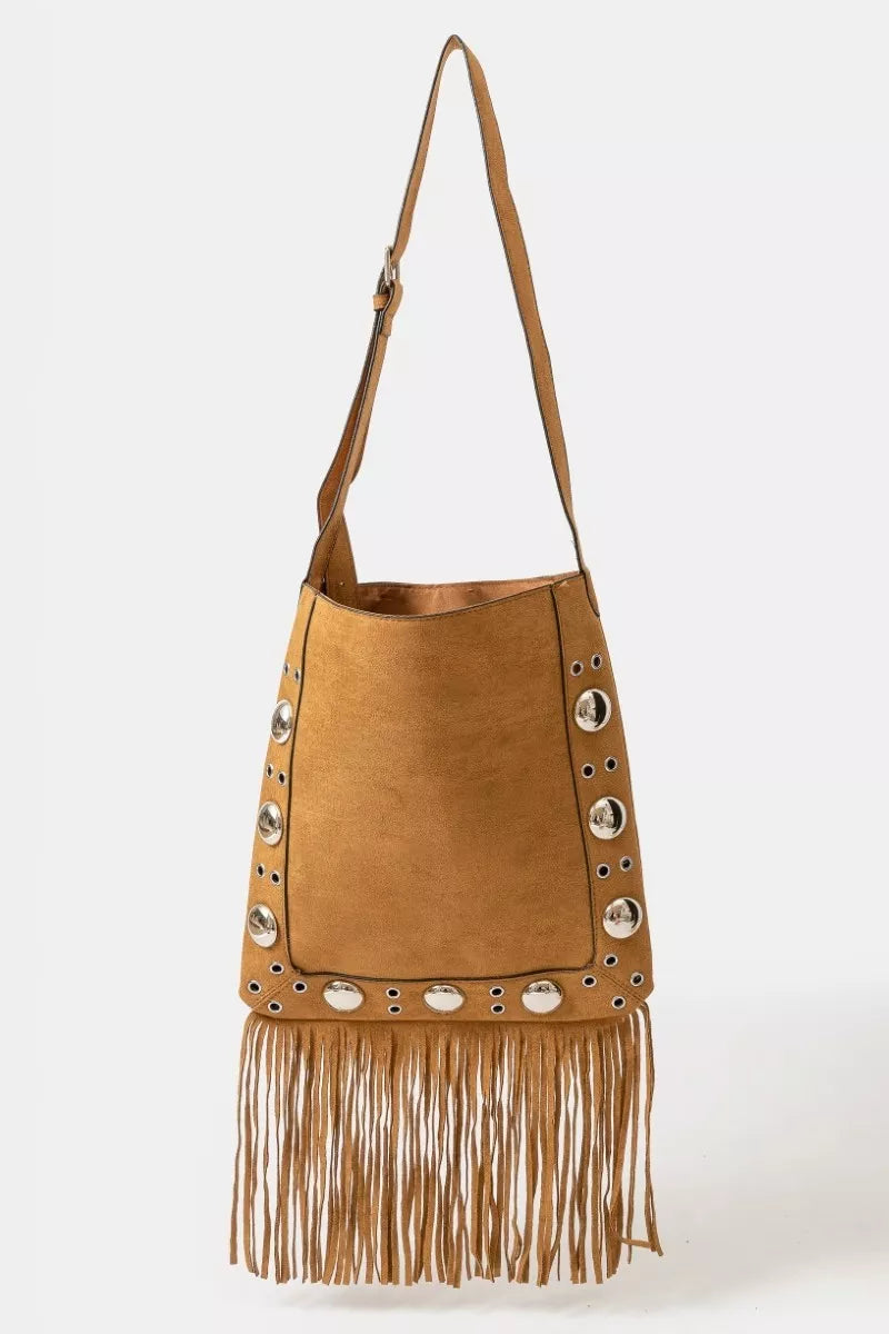Fame Faux Suede Grommet Accent Fringe Tote Bag Trendsi