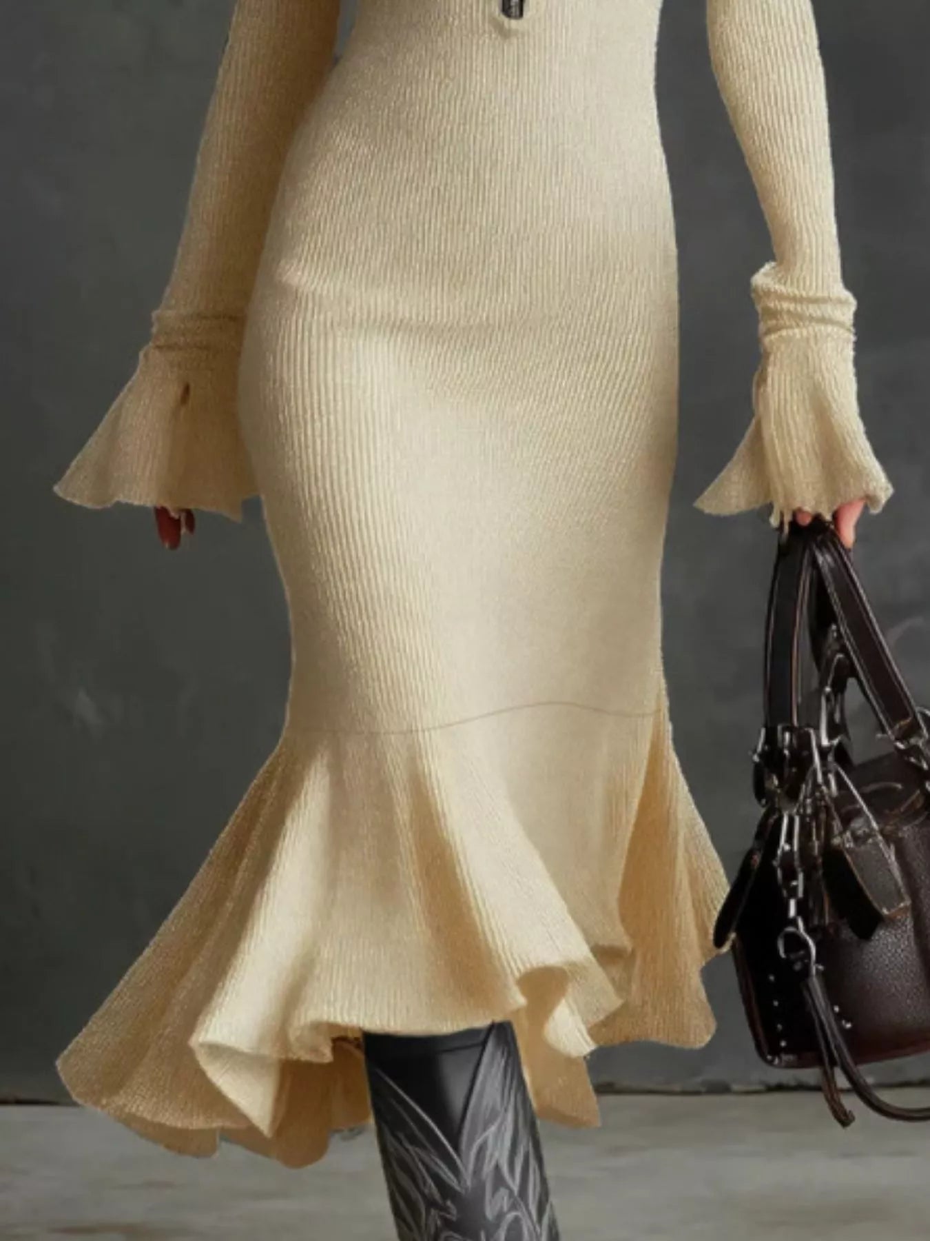 Ribbed Knit Zip Front Flare Hem Midi Dress 