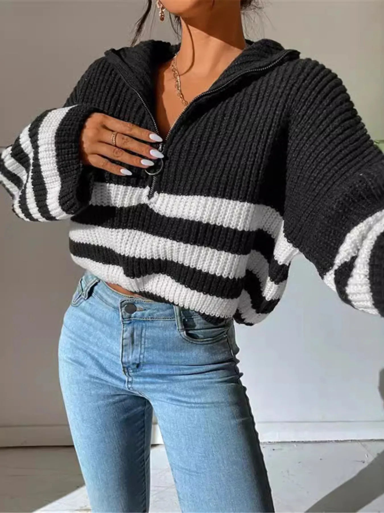 Striped Half Zip Cropped Sweater 