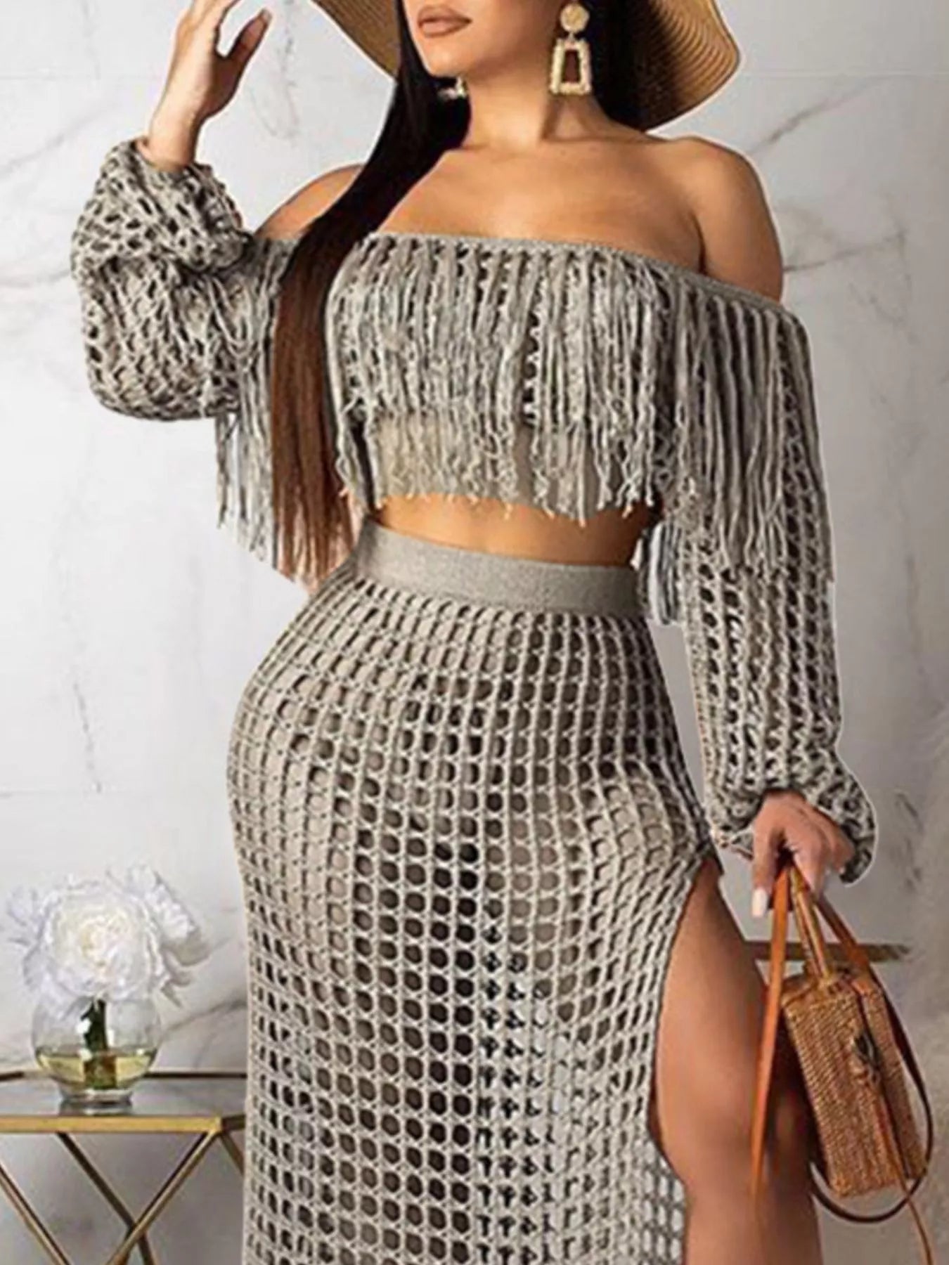 Full Size Crochet Off-Shoulder Fringe Top and Skirt Set Plus Size Trendsi