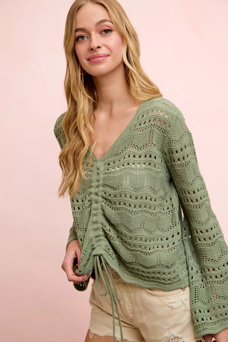 BiBi Pointelle Knit V Neck Ruched Front Lightweight Top Trendsi