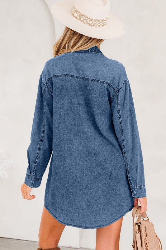 Solid Denim Chest Pocket Raw Hem Shirt Dress 