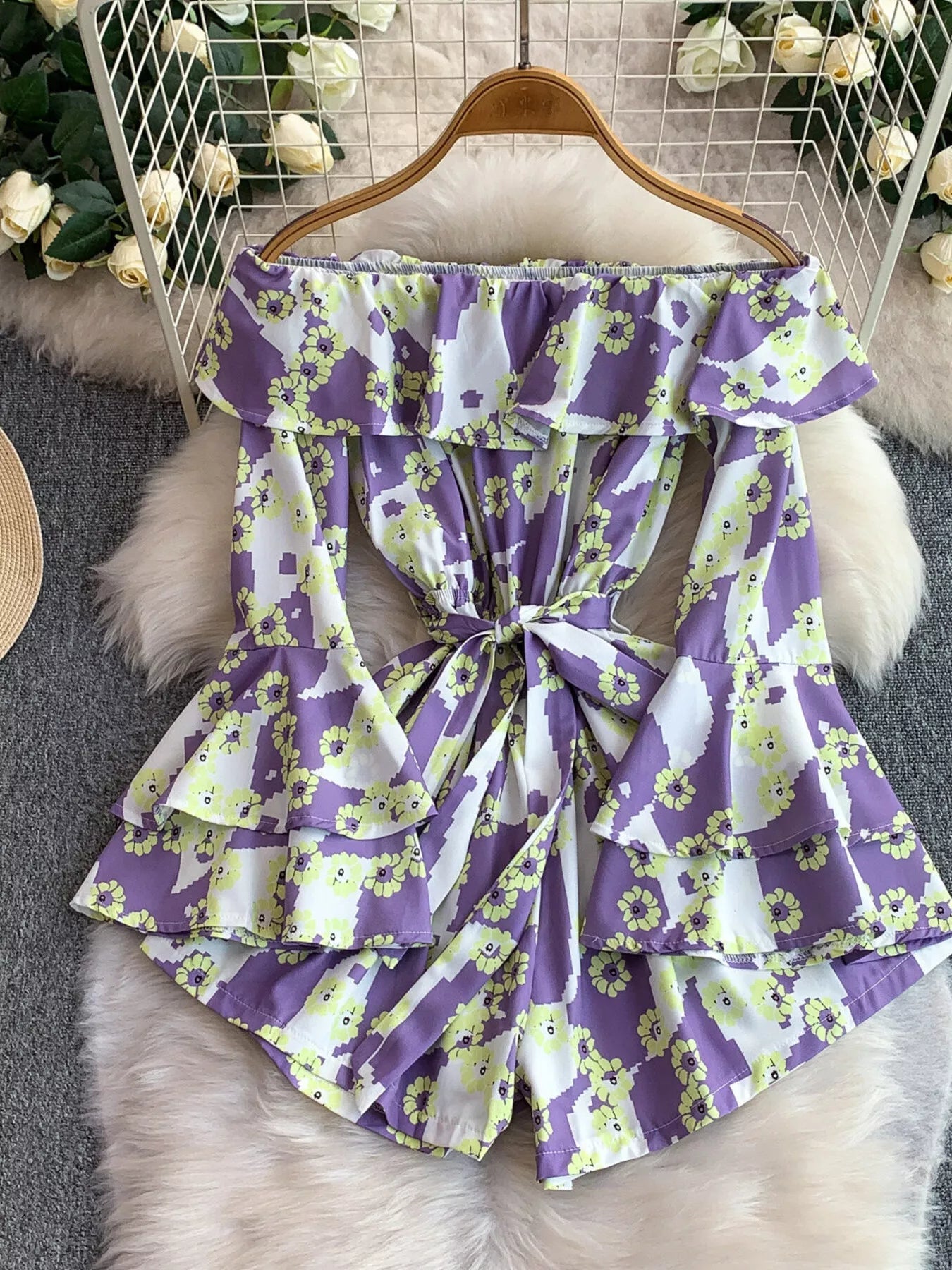 Off-Shoulder Flounce Sleeve Romper Trendsi