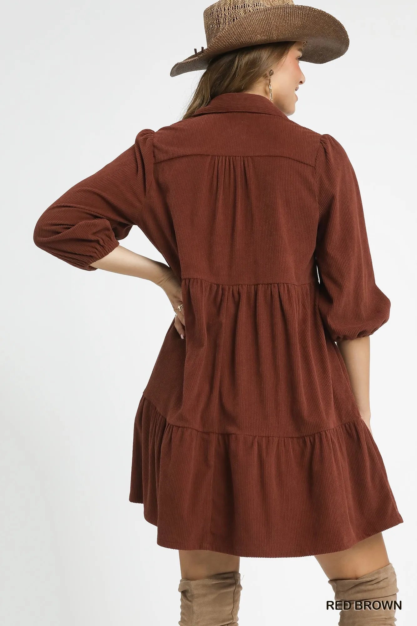 Umgee Tiered Corduroy Mini Dress with Balloon Sleeves Trendsi