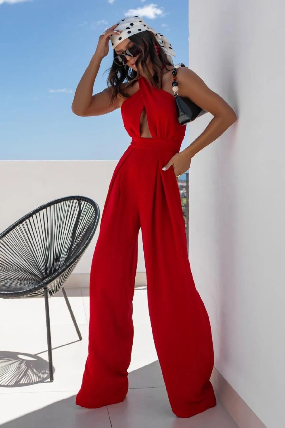 Halter Neck Wide Leg Jumpsuit with Keyhole Detail 