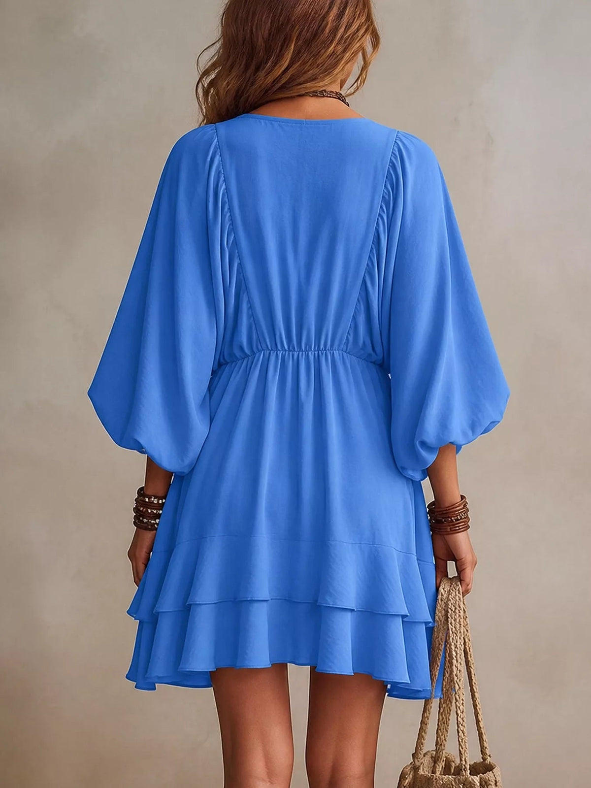 Ruffled Balloon Sleeve Mini Dress Trendsi
