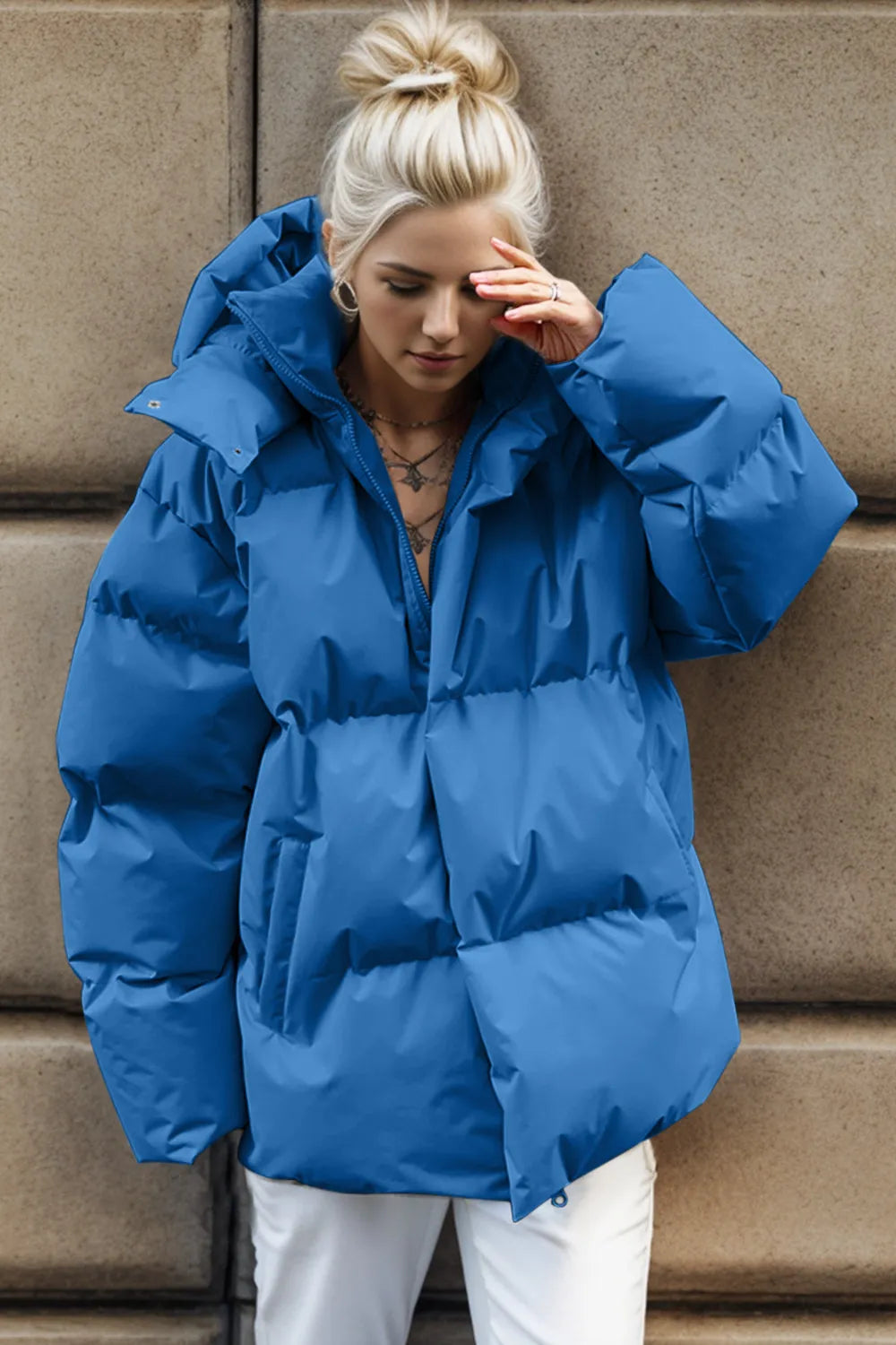 Pocketed Zip Up Hooded Puffer Jacket Trendsi