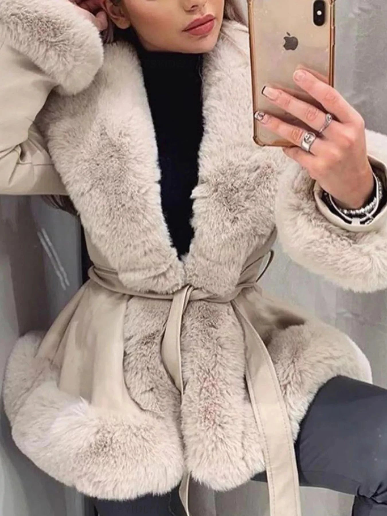 Faux Fur Trimmed Belted Outerwear 