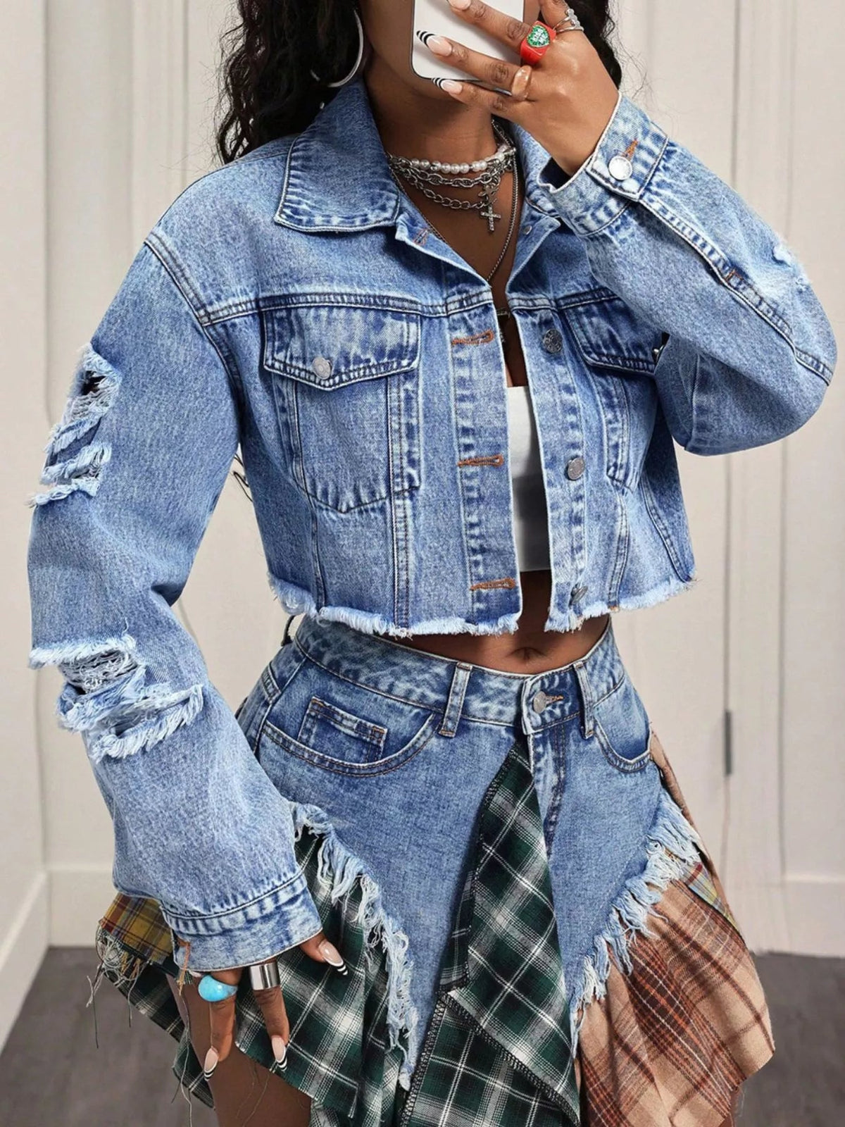 Distressed Cropped Denim Jacket Trendsi