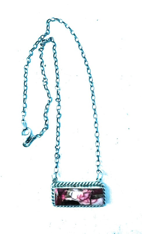 Navajo Rose Dahlia & Sterling Silver Bar Necklace 