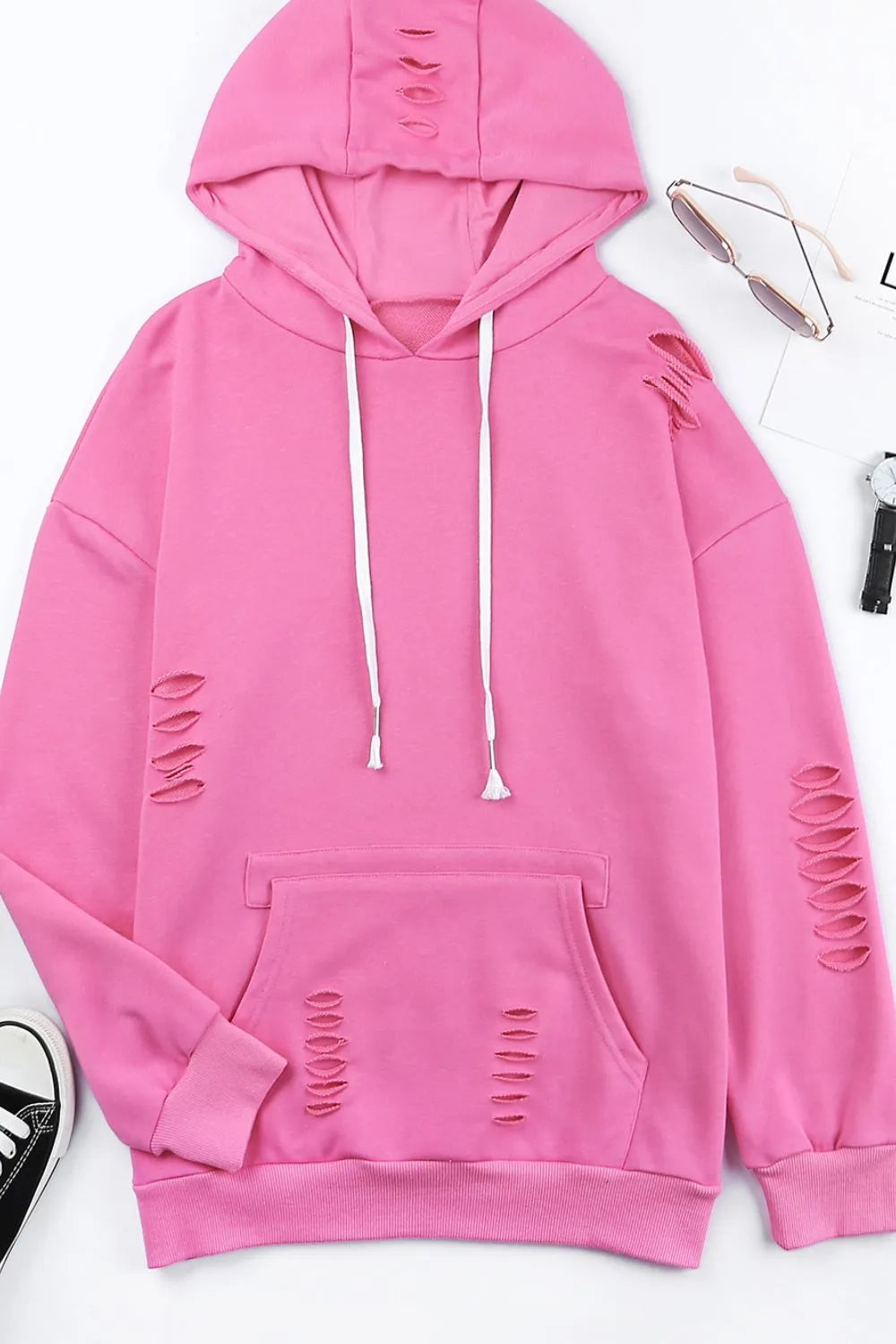 Distressed Drawstring Long Sleeve Hoodie 