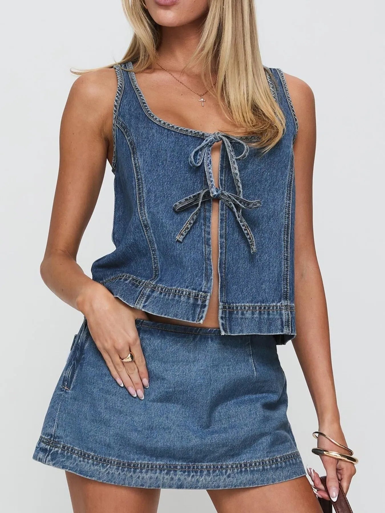 Tie Front Tank and Skirt Denim Set 