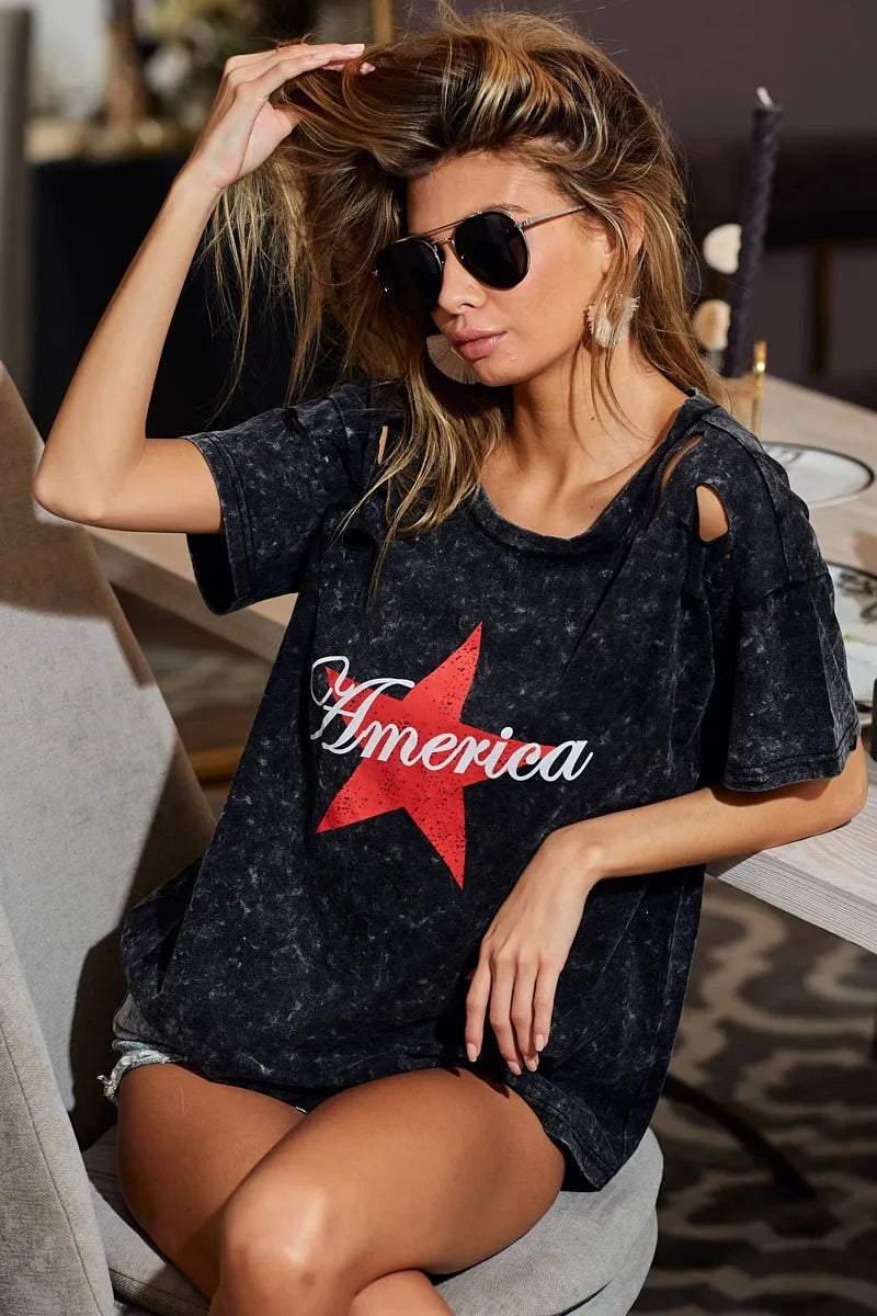 BiBi Laser Cut Mineral Washed Jersey Top with  America Trendsi