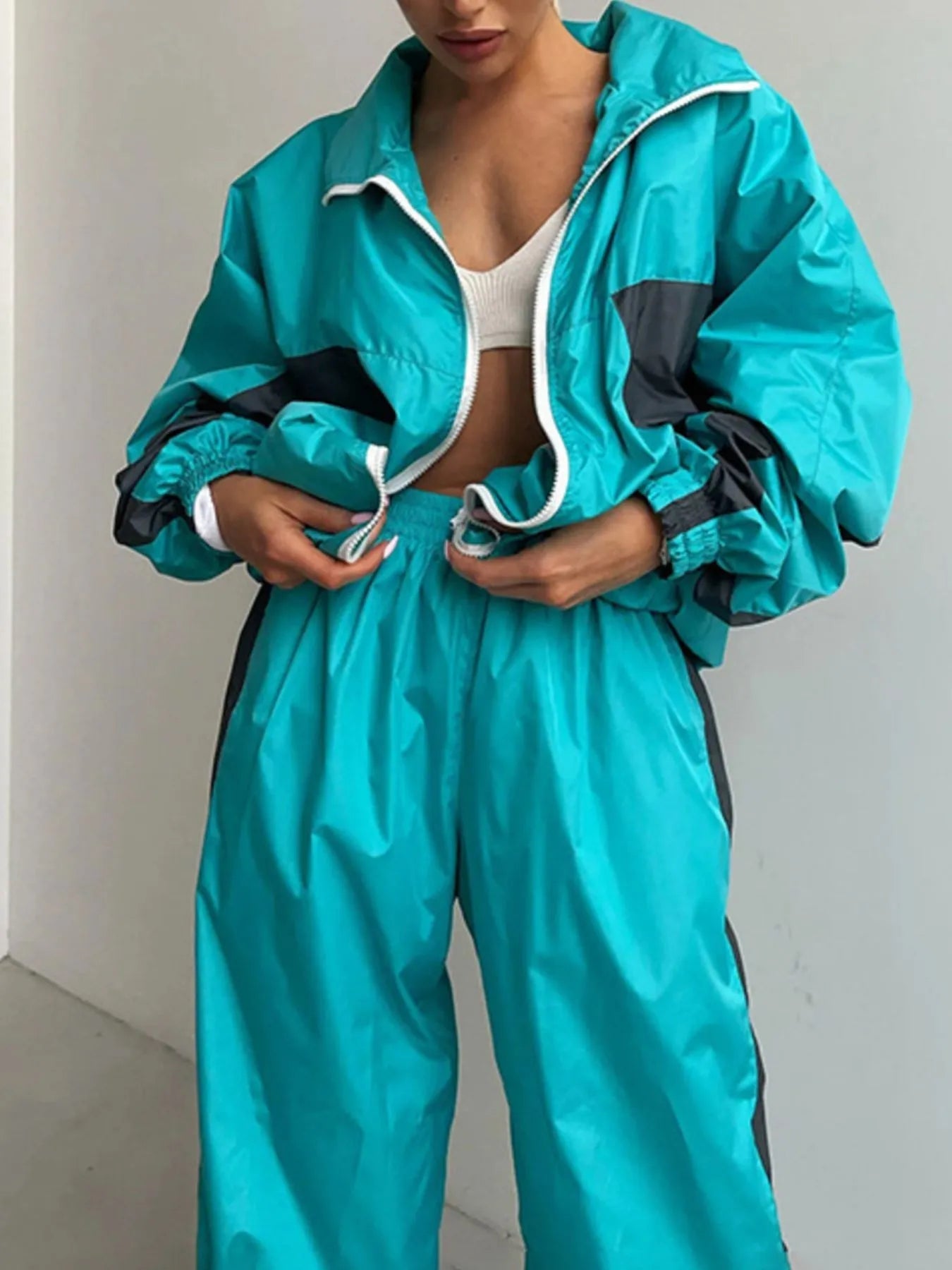 Zip Up Long Sleeve Top and Pants Set Trendsi
