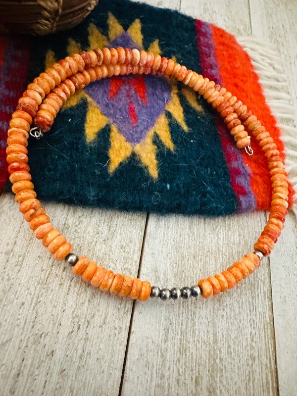 Navajo Orange Spiny & Sterling Silver Beaded Wrap 