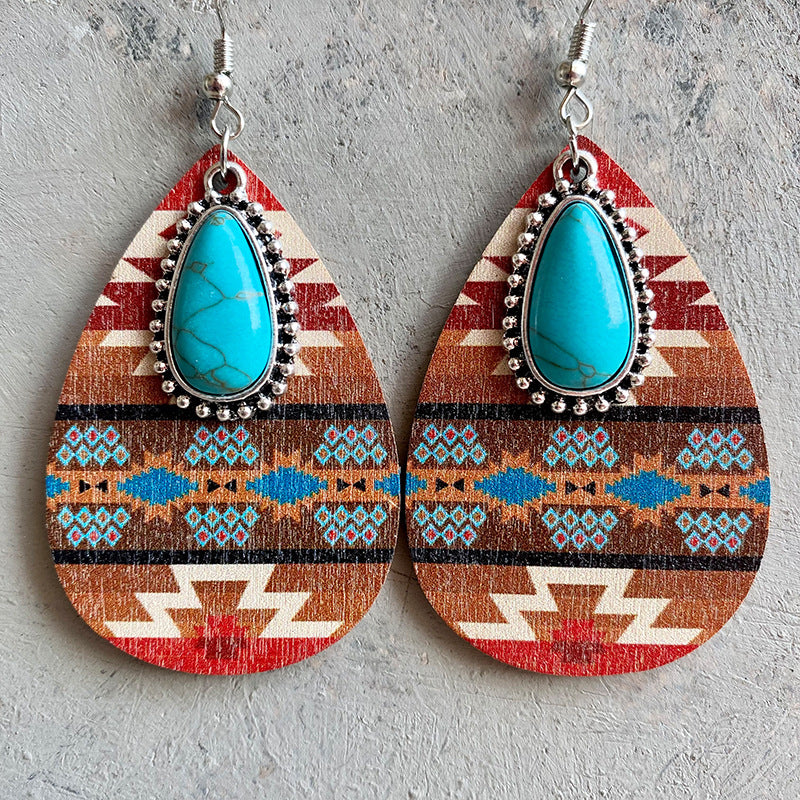 Turquoise Teardrop Shape Wooden Dangle Earrings Trendsi