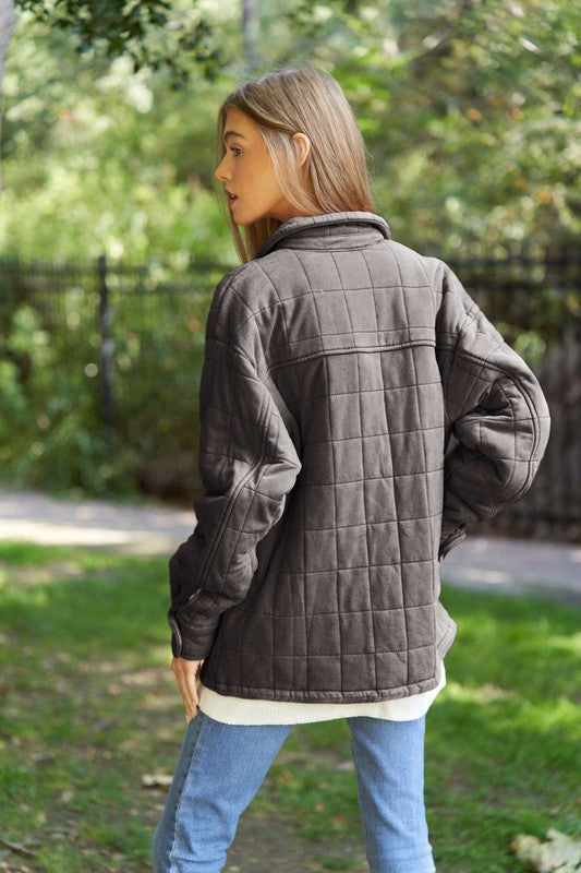 Solid Mineral Wash Quilted Pockets Shacket Davi & Dani