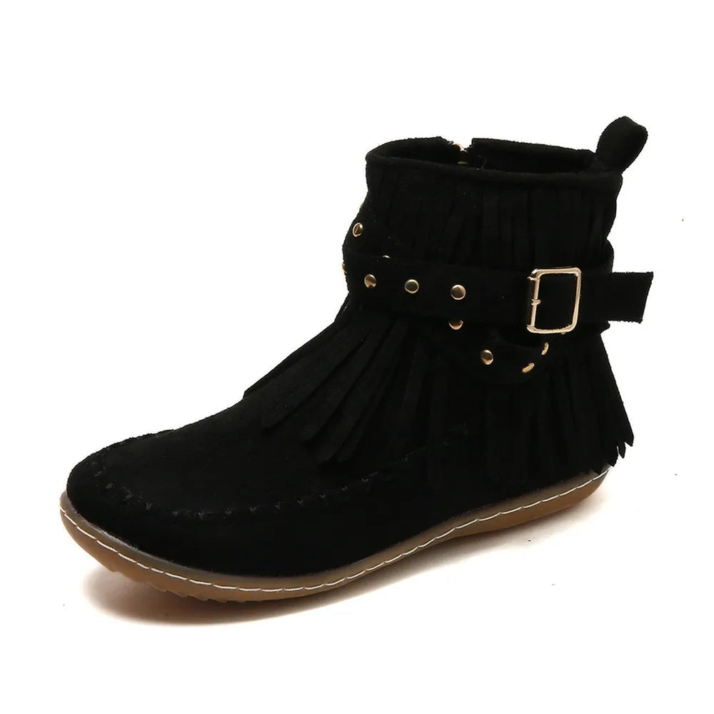 Fringe Studded Suede Flat Boots 