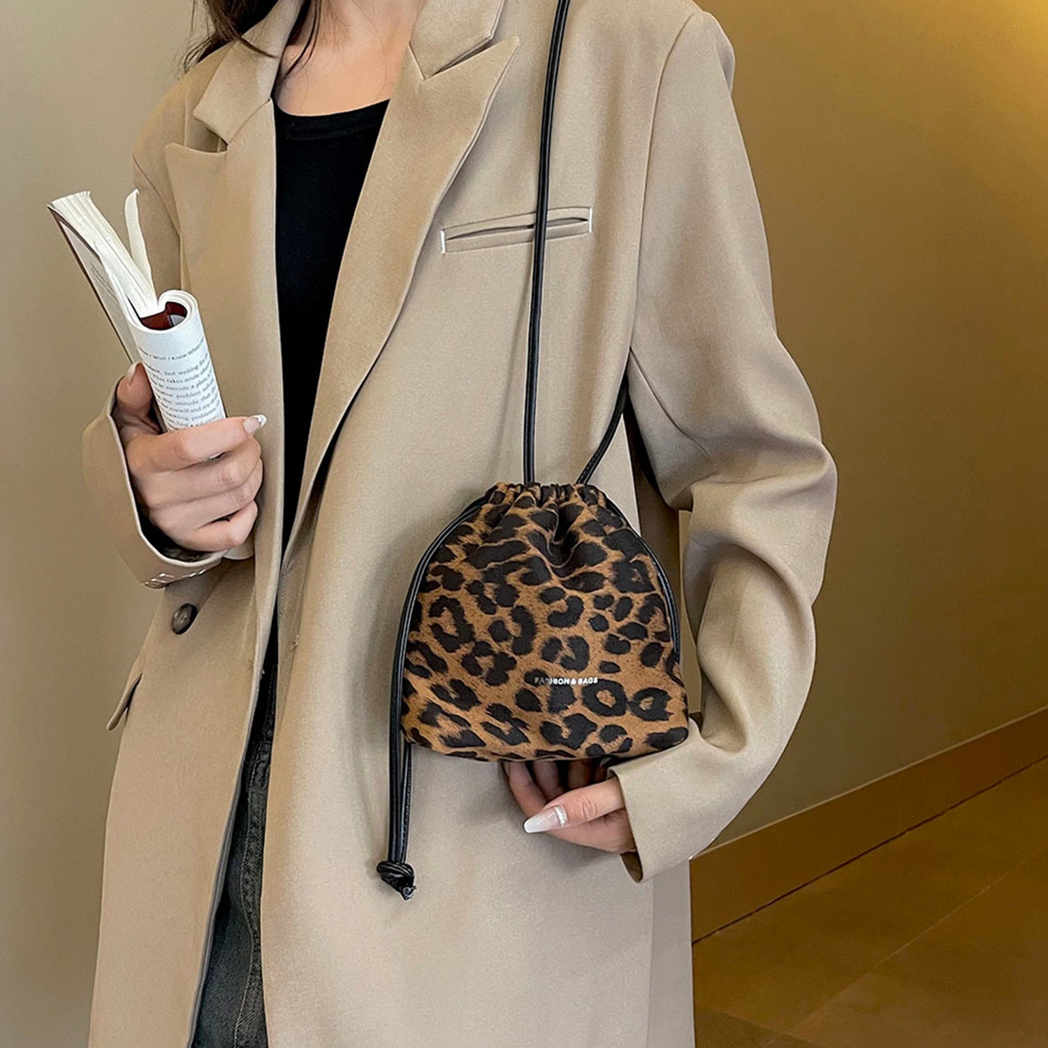 Drawstring Leopard Crossbody Bag Trendsi