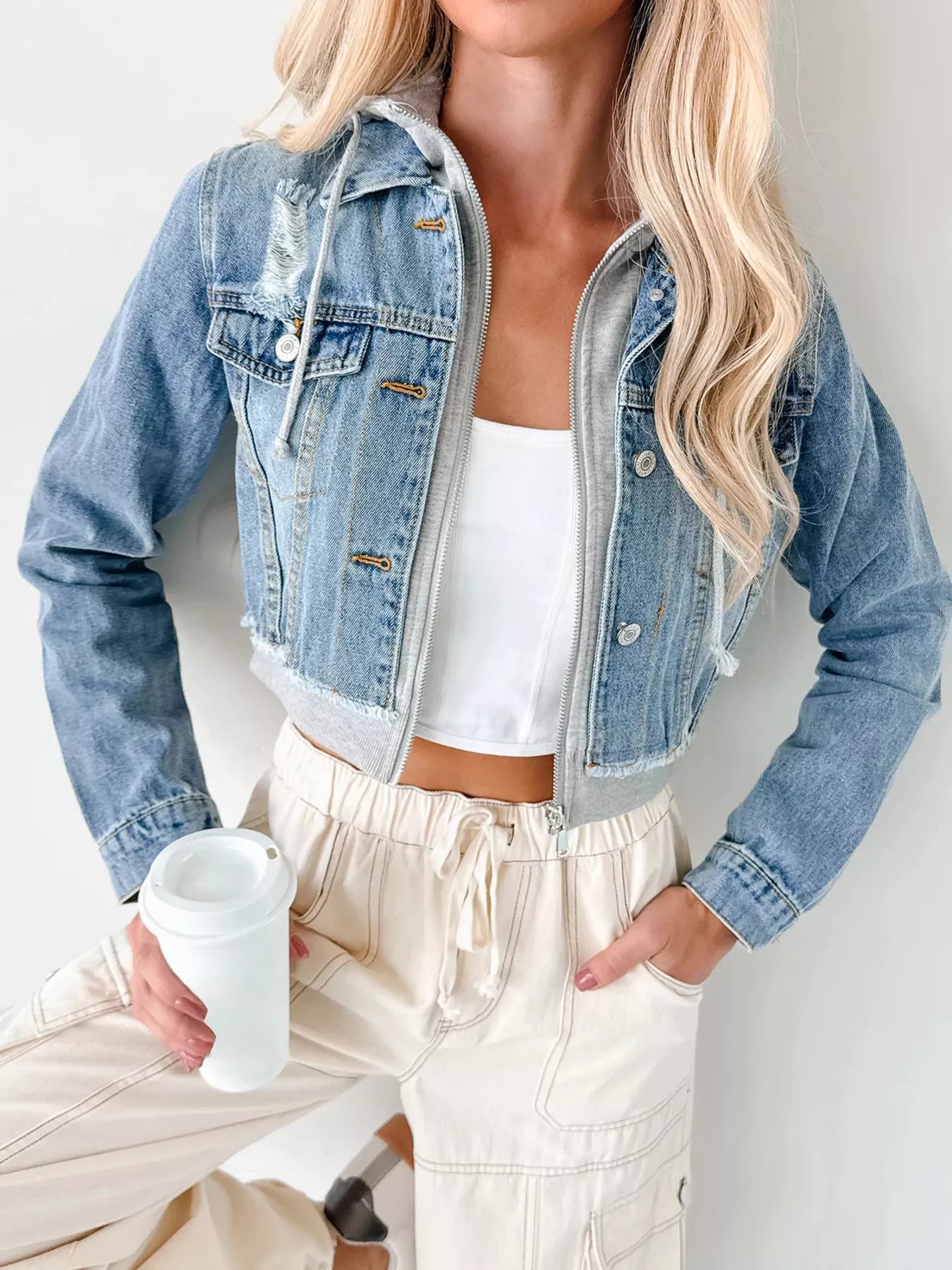 Distressed Zip Up Cropped Hooded Denim Jacket Trendsi