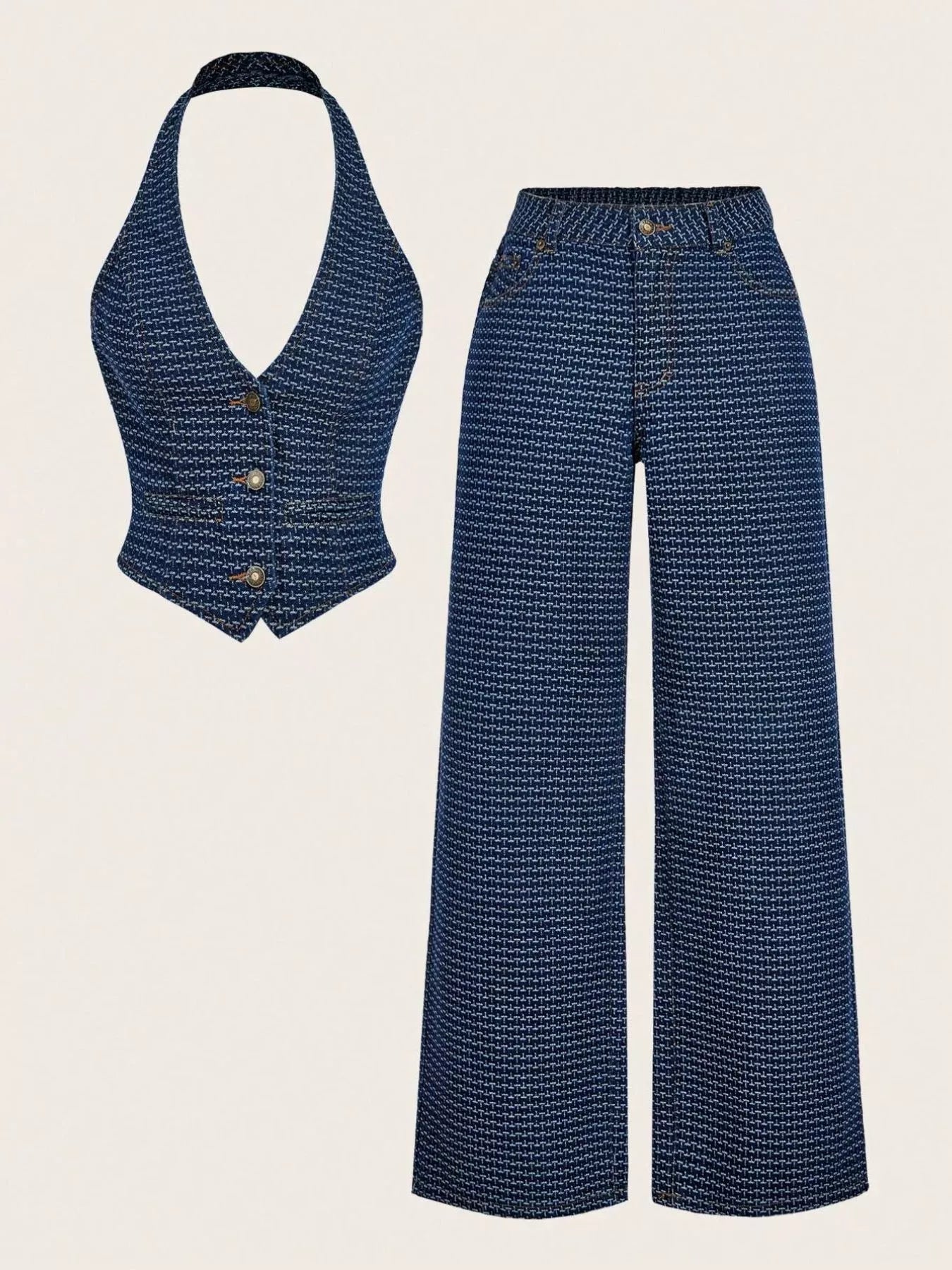 Halter Neck Denim Vest and Wide-Leg Jeans Set Trendsi