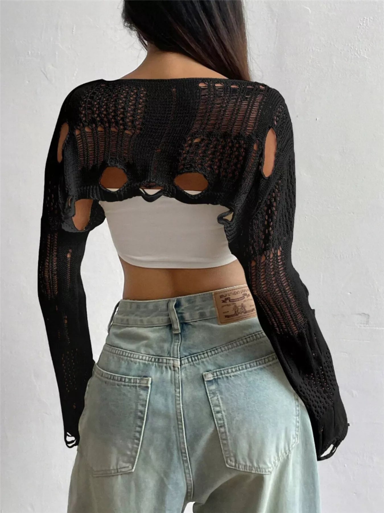 Distressed Cropped Knit Cover Up Trendsi