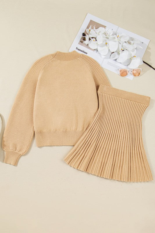 Solid High Neck Sweater and Pleated Mini Skirt Set JUNIPER BLVD