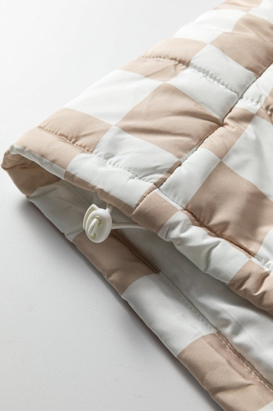 Checker Patchwork Quilted Buttoned Zip Up Vest 