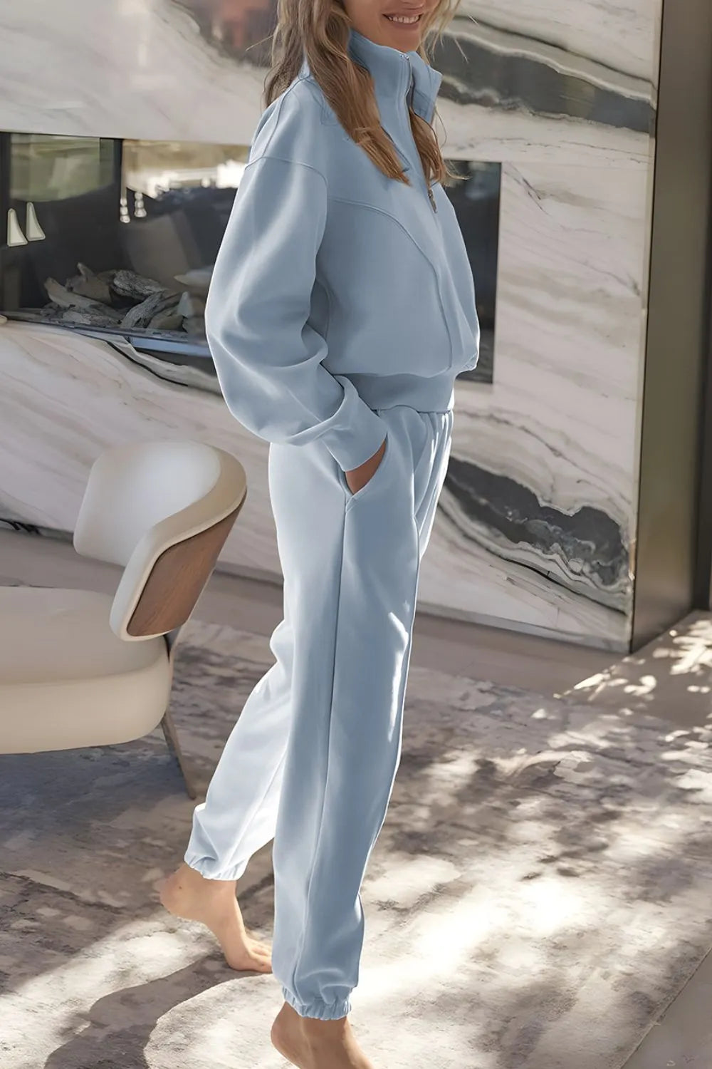 Half Zip Long Sleeve Top and Joggers Set Trendsi